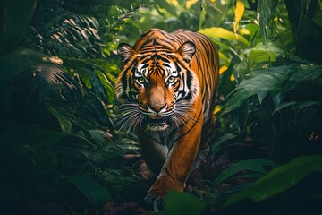 A majestic tiger stalks through lush greenery, its eyes piercing through the foliage. © DesignByGade