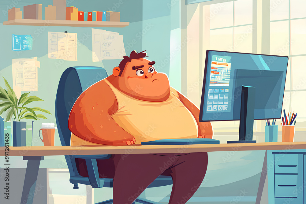 Poster a cartoon character sits at a desk, looking at a computer screen with a thoughtful expression.