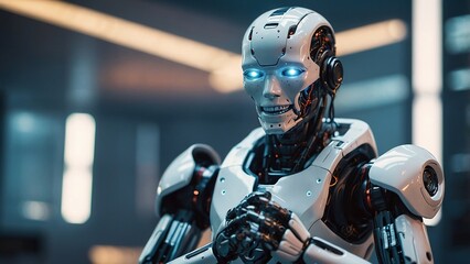 Fototapeta premium A humanoid robot with sleek design stands in a futuristic laboratory while showcasing advanced technology features