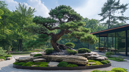 The Zen garden with its graceful curved pine trees symbolizes strength and resilience in harmony with nature.