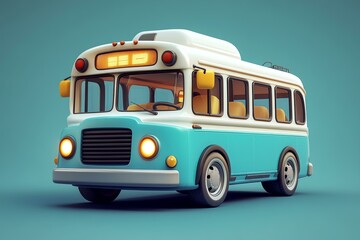 Blue Vintage Bus 3D Illustration, Retro Design, School Transportation Concept