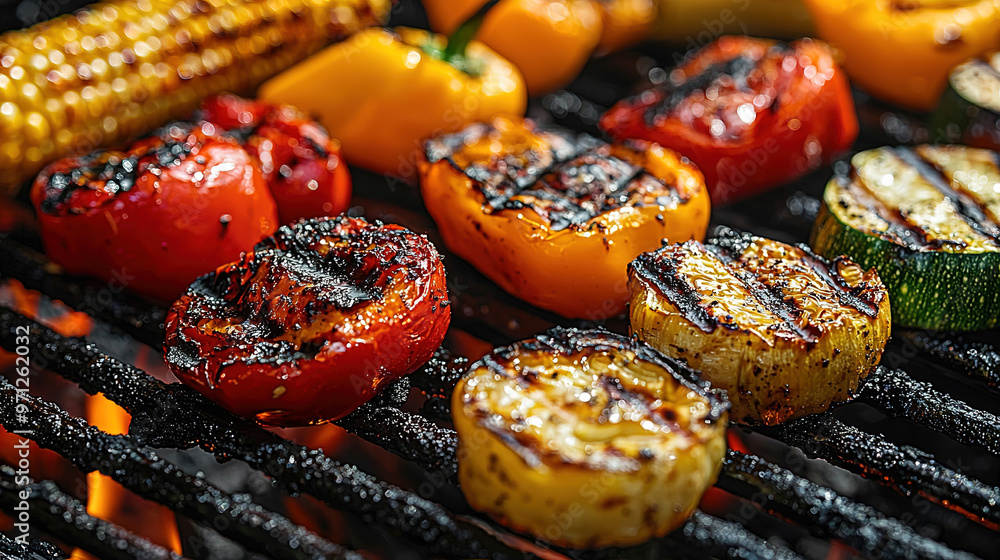 Poster Grilled Vegetables Style: Colorful Medley Setting: Vibrant Summer BBQ Composition: A close-up of a colorful assortment of grilled vegetables