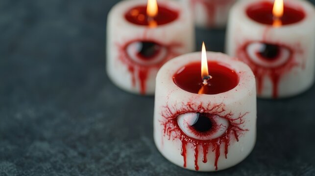Burning Eyeball Halloween Candles with Blood Dripping on Dark Background