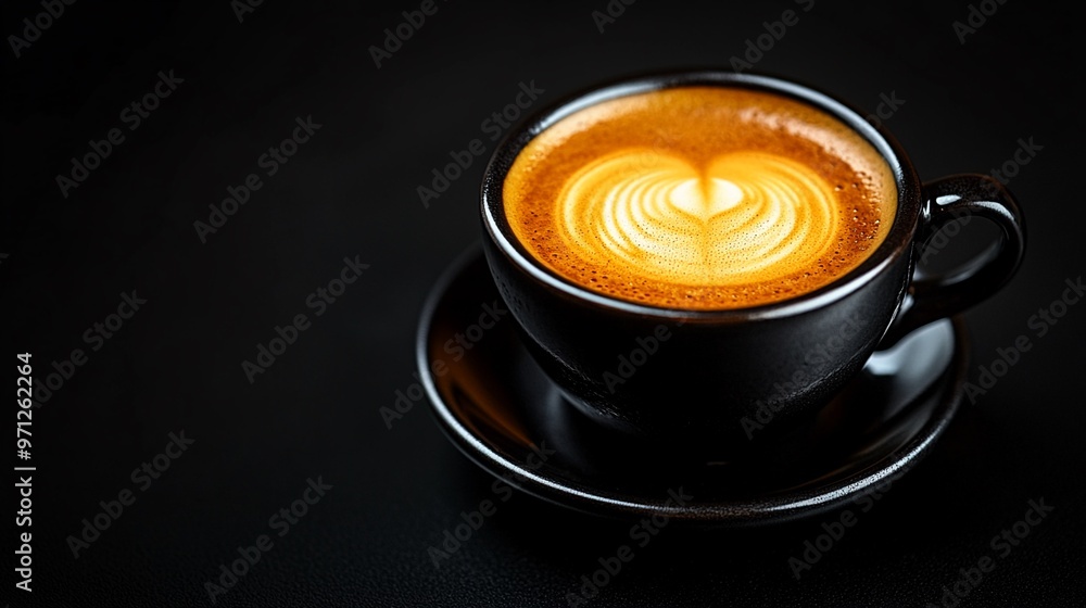Poster coffee latte heart art - a close-up shot of a steaming latte with a heart-shaped design in a black c
