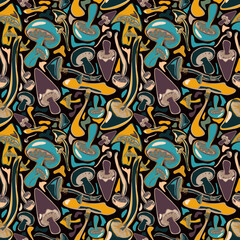 Fototapeta premium Autumn seamless pattern with colorful mushrooms. Botanical vector design for fabric, packaging, textile, print, template, card. Halloween pattern