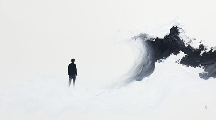 Man Confronting the Ocean, Traditional Chinese brushwork depicting a lone figure facing the immense sea, representing the struggle for resilience and the power of nature.