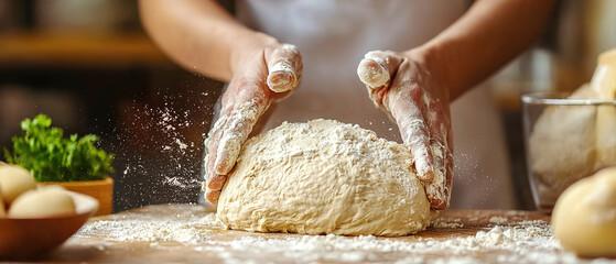 hands kneading bread dough with flour and water in a kitchen