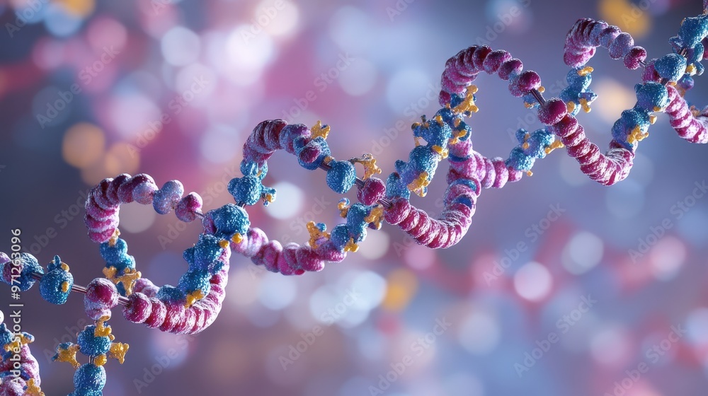 Poster detailed 3d rendering of a dna molecule with sugar-phosphate backbone and nitrogenous bases on gradi