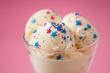 Fototapeta premium A glass bowl of vanilla ice cream with colorful sprinkles 