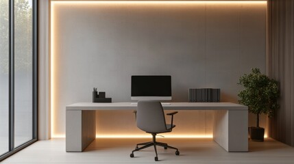 Modern office interior featuring a sleek desk, ergonomic chair, computer, and stylish design with warm lighting.