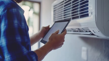 Technician installing a smart air conditioning unit while using a tablet for setup in a modern home interior