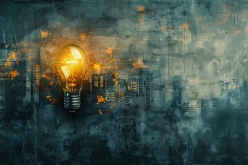 Abstract depiction of a glowing light bulb against a grunge cityscape background, symbolizing innovation, creativity, and urban ideas