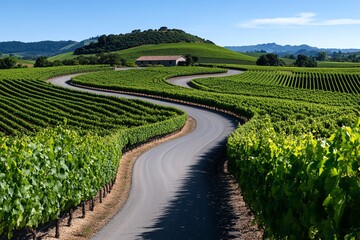 Naklejka premium A winding road through a vineyard, with rows of grapevines on either side and a distant farmhouse in view