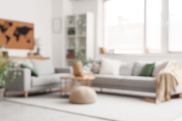 Blurred view of living room with comfortable sofas, shelving unit and world map on white wall