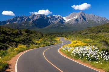 Naklejka premium A winding road through the Tasmanian countryside, lined with wildflowers and leading toward distant, rugged mountains