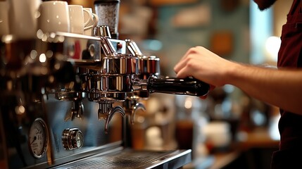 Naklejka premium A barista cleaning and maintaining an espresso machine, ensuring everything is in top condition for the next brew.