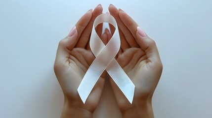 3D animated image of female hands holding a white ribbon on a plain white background for mental health awareness.