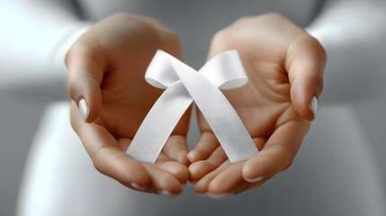 3D animated image of female hands holding a white ribbon on a plain white background for mental health awareness.