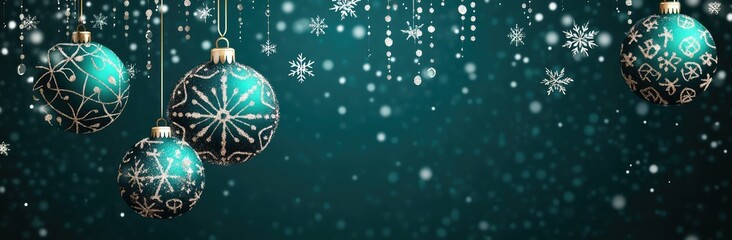 Festive turquoise ornaments hang against a sparkling backdrop, evoking a cheerful holiday spirit filled with joy and celebration.