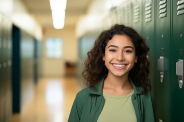 Portrait of a smiling female high school student in hallway
