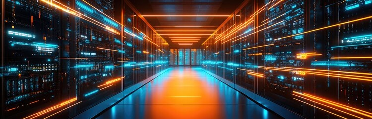 Fototapeta premium Futuristic server room with glowing blue and orange lights.