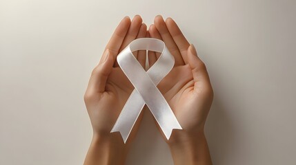Female hands displaying a white ribbon on a white backdrop, used for mental health awareness campaign, in 3D cartoon style.