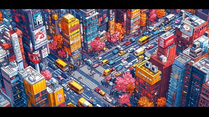 Busy Asian City Street Corner Aerial View