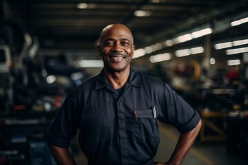 Portrait of a smiling middle aged African American mechanic in workshop