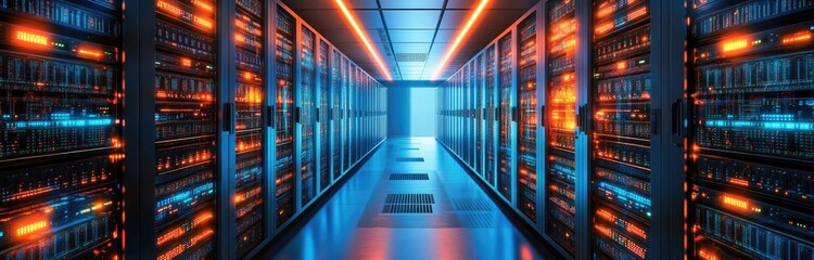 Fototapeta premium Rows of servers in a data center with blue and orange lights.
