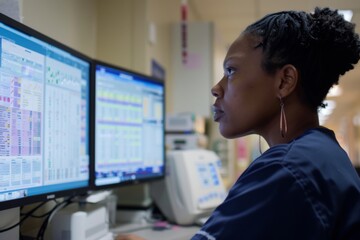 Registered nurse reviews patient charts on a computer monitor at nursing station