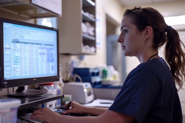 Registered nurse reviews patient charts on a computer monitor at nursing station