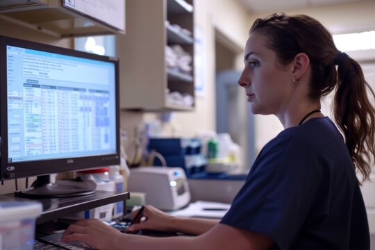 Registered nurse reviews patient charts on a computer monitor at nursing station