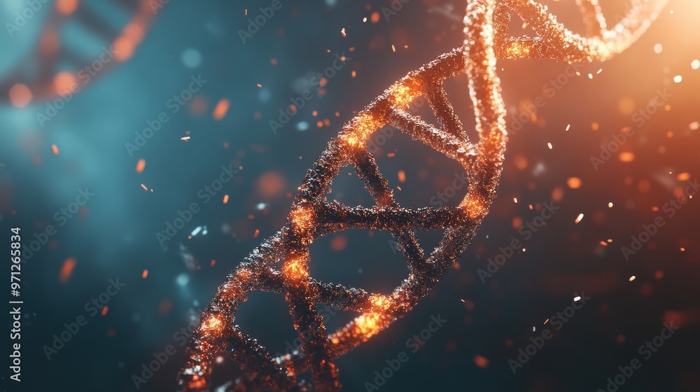 Poster scientific 3d rendering of dna helix with detailed textures and realistic shading for educational pu