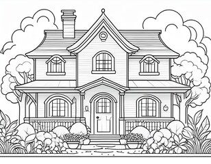 Fototapeta premium Simple line drawing of a house with a garden for coloring purposes