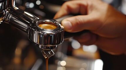 A barista using a dual-spout portafilter to pull two espresso shots simultaneously, with precision and expertise.