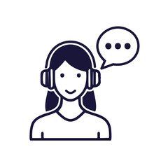 Woman with headphones. Smiling woman wearing headphones and thinking, an icon for communication, help and support.