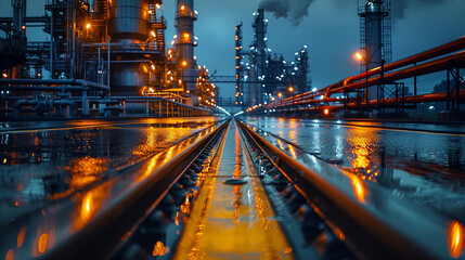 Industrial factory with complex piping networks of an oil refinery, smokestacks emitting steam