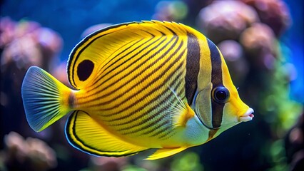 Yellow butterflyfish with distinct black stripes, isolated