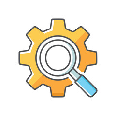 Gear magnifying glass. Gear with magnifying glass symbolizing optimization, improvement, and efficient processes.