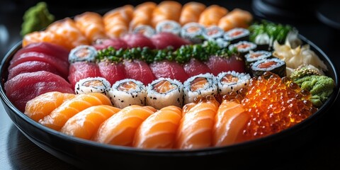 Elegant sushi rolls arranged beautifully on a wooden platter with vibrant garnishes