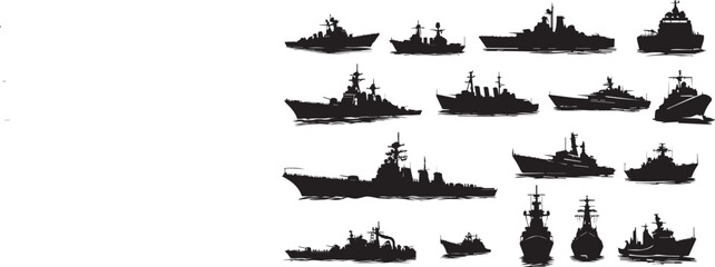 Warship navy silhouettes set, large pack of vector silhouette design, isolated vector illustration