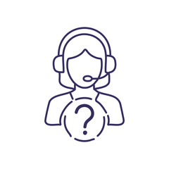 Customer support icon. Line art icon of a customer service representative with a question mark. Ideal for helpdesk, support, and FAQ pages.