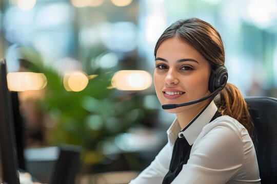 Professionalism in Customer Relations Expertly managing customer interactions, a representative in a bustling office maintains efficiency and high standards of service, 