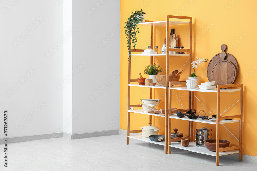 Poster Modern shelving unit with kitchen utensils near yellow wall in kitchen