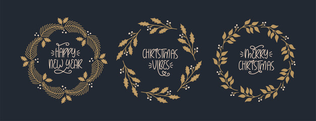 Christmas and New Year Frames Collection. Round Borders with Xmas Hand Lettering Phrases. Gold, Black and White Decor. Merry Christmas, Happy New Year Handwritten Text.