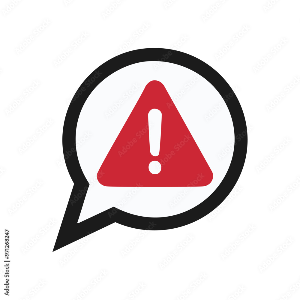 Poster alert speech bubble. red triangle with exclamation mark in a speech bubble. represents warning, caut