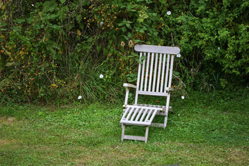 Empty garden deckchair from gray wood on the lawn in front of a wild shrub hedge in in an eco-friendly natural garden, idyllic place for nature observation, copy space