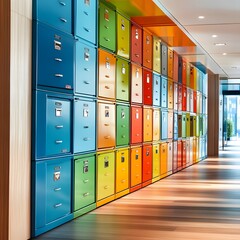 Colorful Filing Cabinets in a Modern Office Hallway.