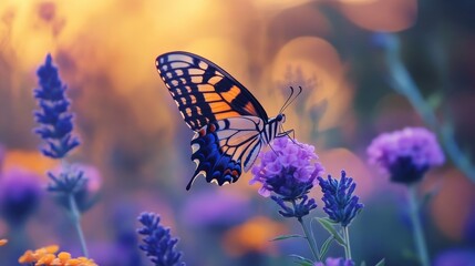 Butterfly drinks from flowers.