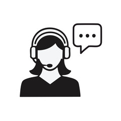 Support agent icon. Black and white icon of a female customer service agent wearing a headset and speaking.